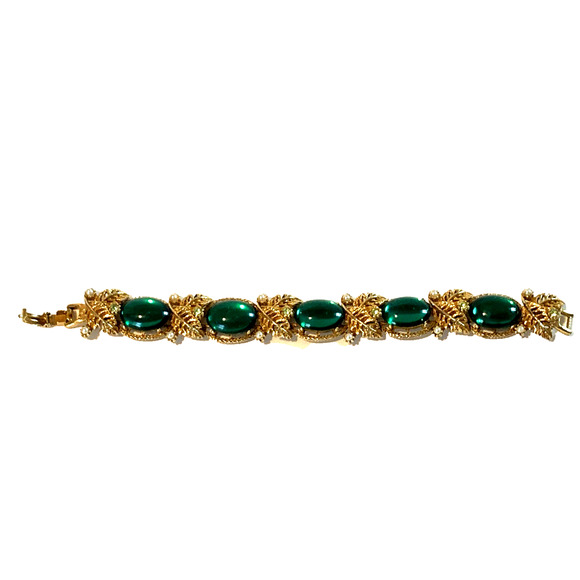 Vtg Green Glass Cabochons Bracelet Gold Tone Filigree Leaf & Rhinestones Accents - Picture 1 of 7